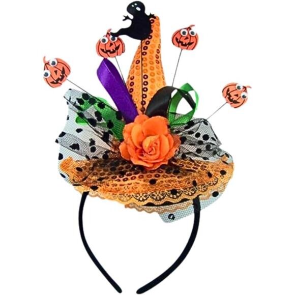 Orange sequined witch hat headband featuring ghost and pumpkin designs - Picture 1 of 7
